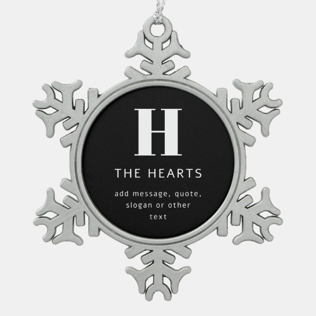 Editable Modern Monogram Name & Message | Black Snowflake Pewter Christmas Ornament (Front)