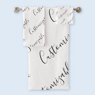 Editable Modern Scrip Text Pattern Black & White Bath Towel Set