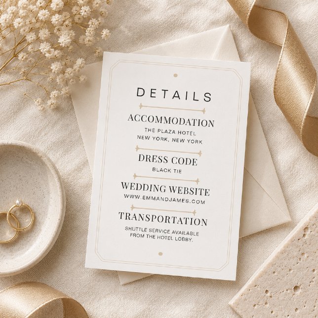 Editable Modern Serif Luxury Wedding Details Card (Elegant flat lay featuring the Modern Serif Luxury Details Card on warm white linen.)