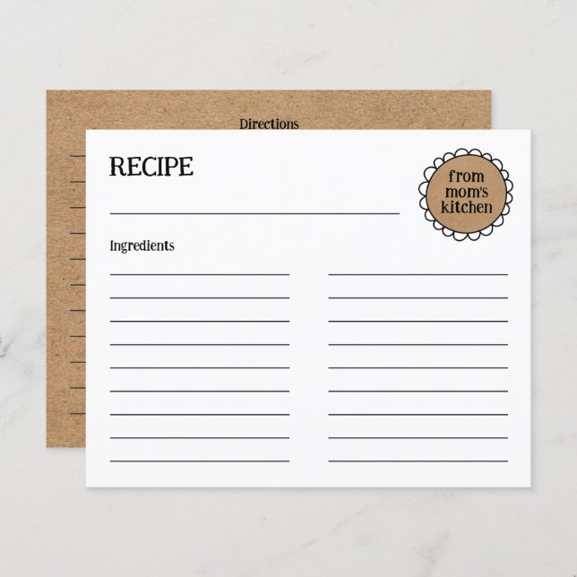 Editable MOM'S KITCHEN Rustic Doodle Recipe Card (Front/Back)