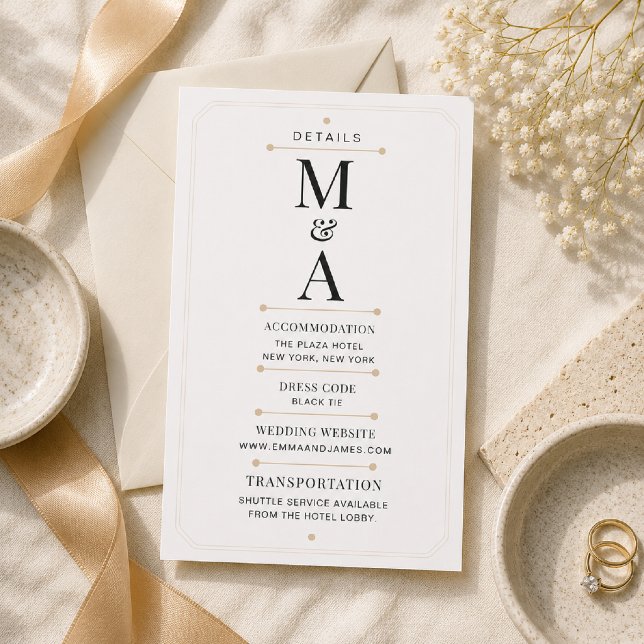 Editable Monogram Minimal Luxury Details Card (Elegant Monogram Details Card styled for timeless luxury weddings.)
