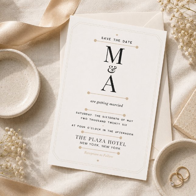Editable Monogram Minimal Luxury Save The Date Invitation (Elegant Monogram Save The Date on luxurious linen with timeless editorial styling.)