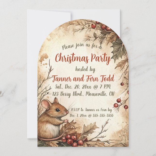Editable Mouse And Berries Christmas Party Invitation (Front)