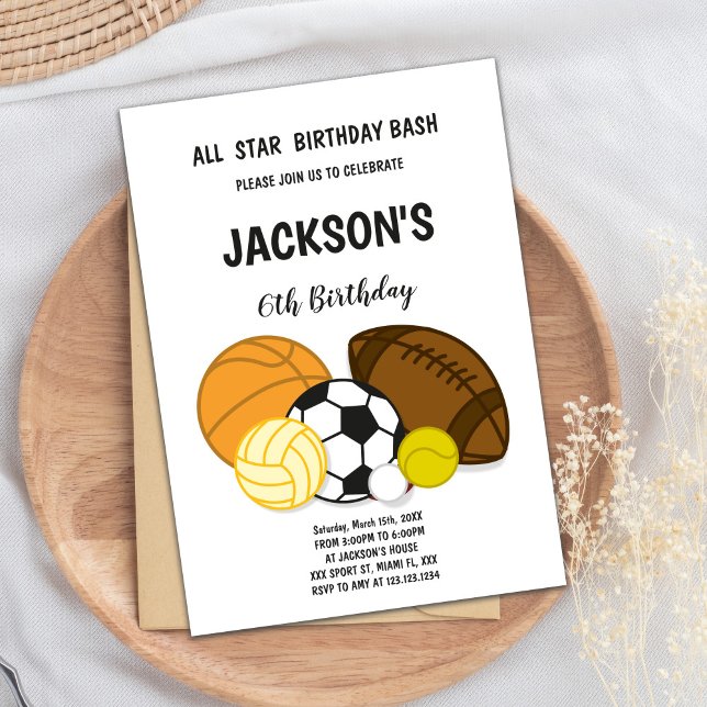 Editable Multi-Sport Party Invite for Boys (All Star Birthday Bash Sports Invitations)