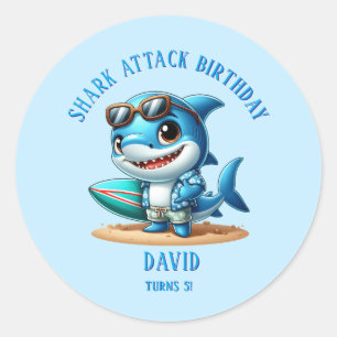 Editable Name Boys Shark Party Favour Sticker