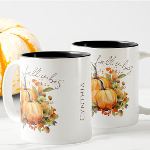 Editable Name Cute Orange Pumpkin Harvest Fall Two-Tone Coffee Mug