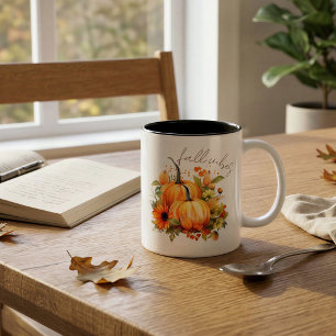 Editable Name Cute Orange Pumpkin Harvest Fall Two-Tone Coffee Mug