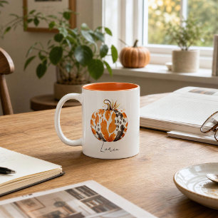 Editable Name Cute Orange Pumpkin Harvest Fall Two-Tone Coffee Mug