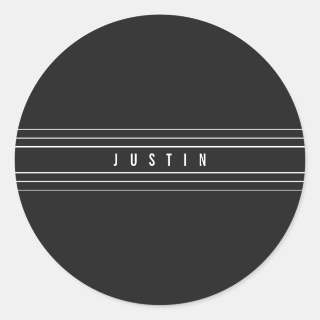 Editable Name & Geometric Stripes | Black & White Classic Round Sticker (Front)