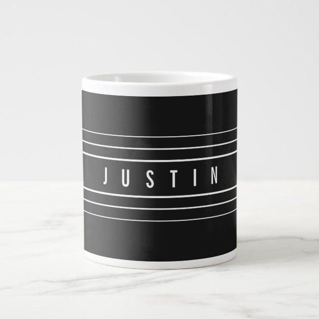 Editable Name & Geometric Stripes | Black & White Large Coffee Mug (Front)