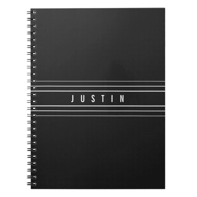 Editable Name & Geometric Stripes | Black & White Notebook (Front)