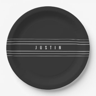 Editable Name & Geometric Stripes Black & White Paper Plate
