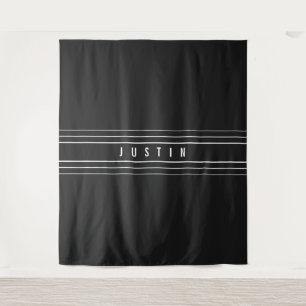 Editable Name & Geometric Stripes   Black & White Tapestry