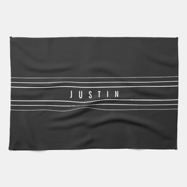 Editable Name & Geometric Stripes | Black & White Tea Towel (Horizontal)