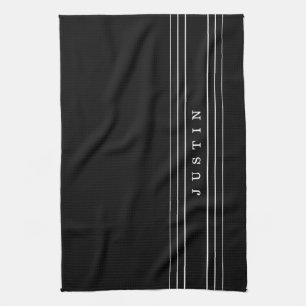 Editable Name & Geometric Stripes   Black & White Tea Towel
