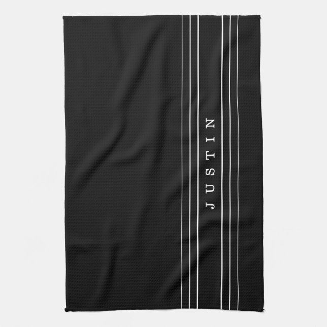 Editable Name & Geometric Stripes | Black & White Tea Towel (Vertical)