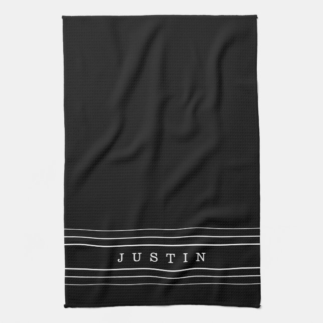 Editable Name & Geometric Stripes | Black & White Tea Towel (Vertical)