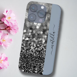 EDITABLE name Glitter Bokeh graphite & dusty blue iPhone 16 Pro Case