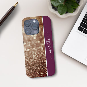 EDITABLE name Glitter Bokeh rose gold and burgundy iPhone 16 Pro Case