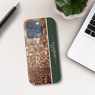 EDITABLE name Glitter Bokeh rose gold & deep green iPhone 16 Pro Case