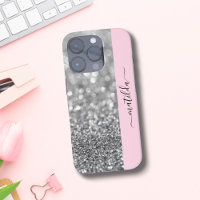 EDITABLE name Glitter Bokeh silver & baby pink