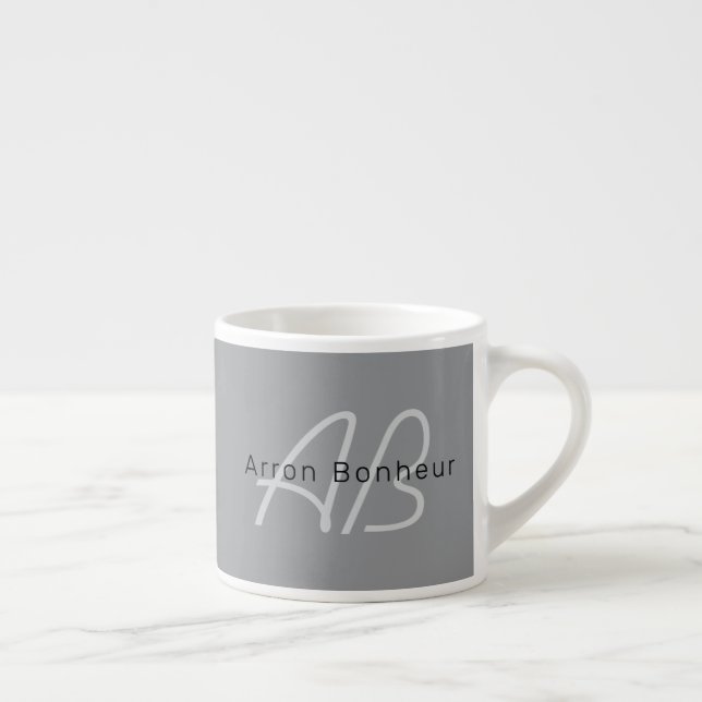 Editable Name or Greeting | Black & Dark Grey Espresso Cup (Right)