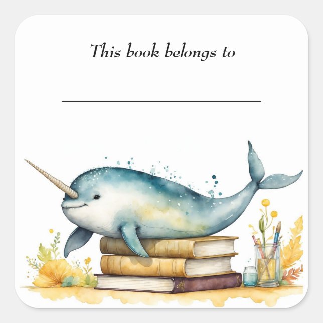 Editable Narwhal and Books Bookplate Sticker (Front)