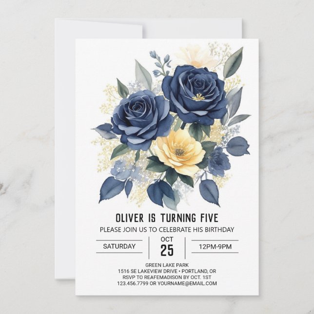  Editable Navy Blue Floral Birthday Invitation (Front)