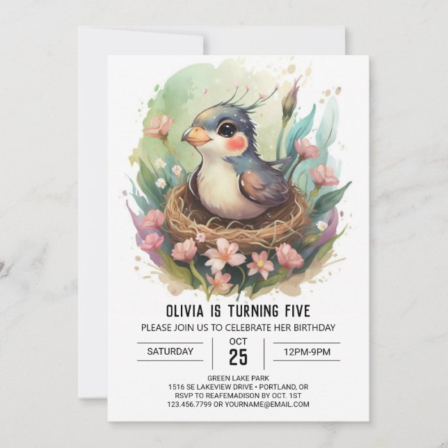 Editable Nest Bird Birthday Invitation (Front)