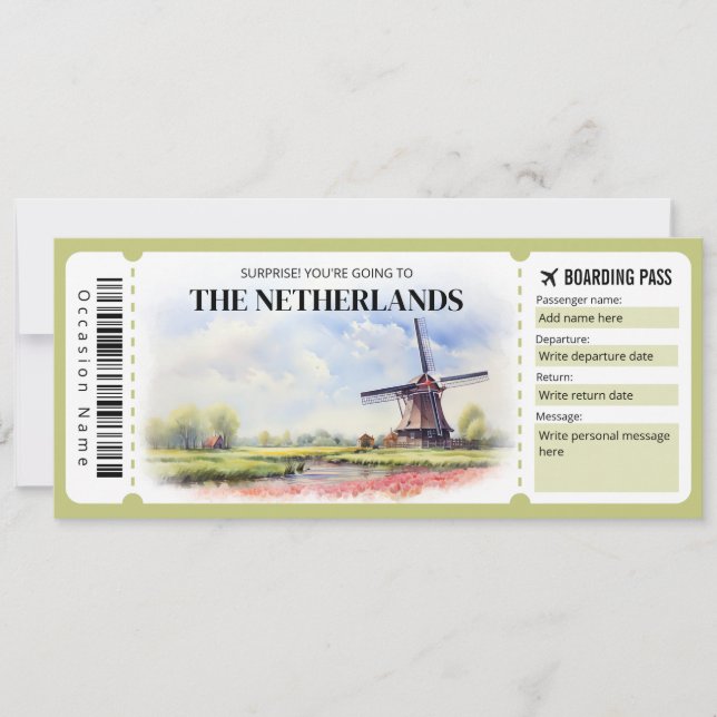 Editable Netherlands Boarding Pass Plane ticket Invitation (Front)
