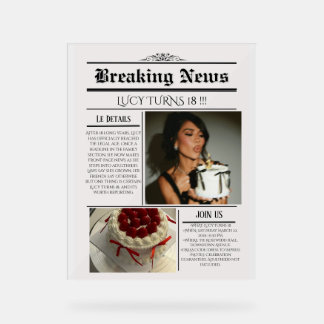 Editable Newspaper Birthday Invitation Template  Acrylic Sign