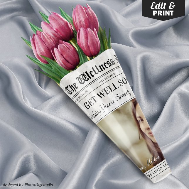 Editable Newspaper Get Well Soon Flower Bouquet Wrapping Paper Sheet (Editable Newspaper Get Well Soon Flower Bouquet Wrapping Paper Sheets)