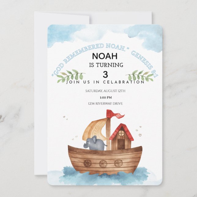 Editable Noah's Ark 3rd Birthday Invitation BIBLE  (Front)