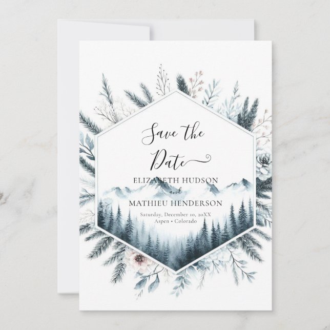 Editable Non Photo Mountain Wedding Save The Date (Front)