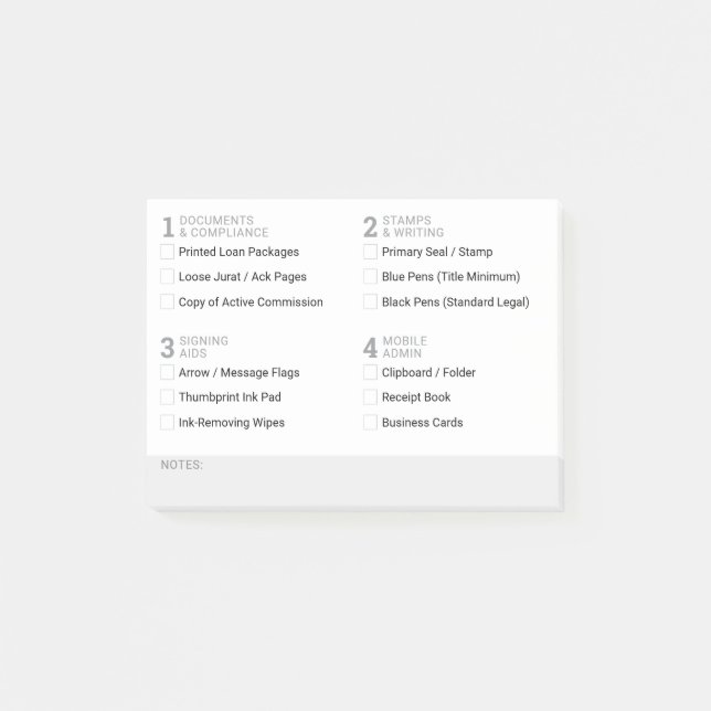 Editable Notary Public Supply Grid Checklist Post-it Notes (Front)