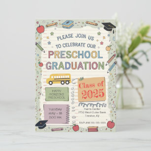 Editable Notebook School Bus Preschool Graduation  Invitation
