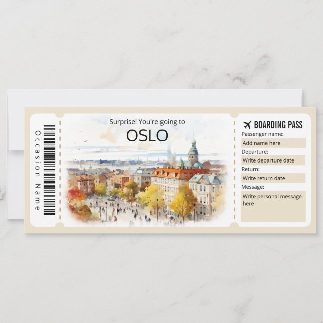 Editable Oslo Plane ticket, Norway Trip Invitation (Front)