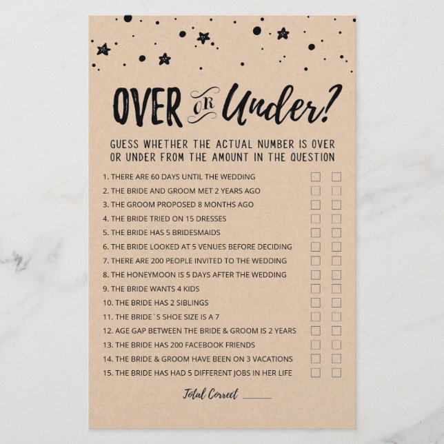 Editable Over or Under Bridal Shower game (Front)