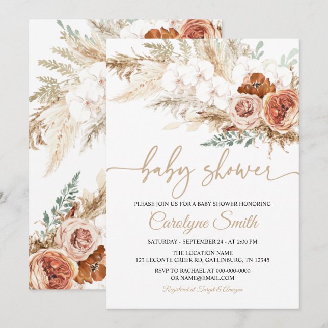 Editable Pampas Grass Baby Shower Invitation (Front/Back)