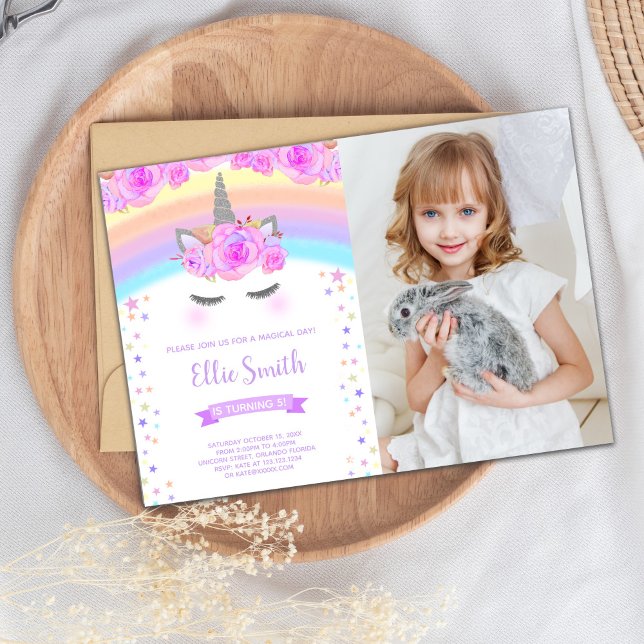 Editable Party Card (Purple Unicorn Birthday Invitation with photo)