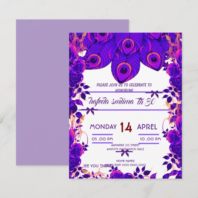 Editable Party Invitations Peacock Feather Glitter (Front/Back)