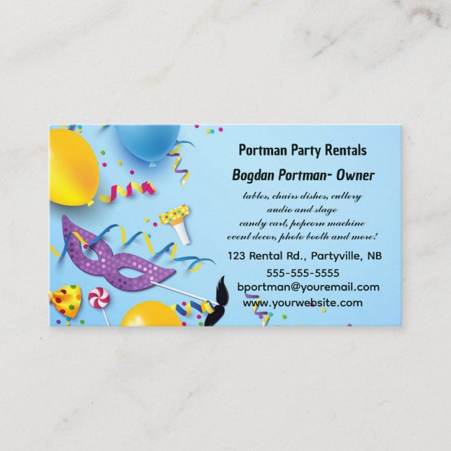 Editable Party Rentals  Business Card (Front)
