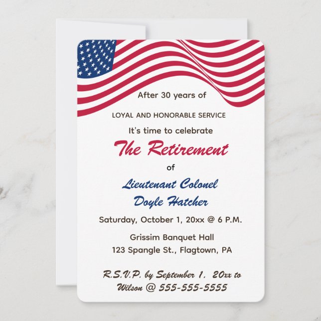 Editable Patriotic USA Flag Military Retirement Invitation (Front)