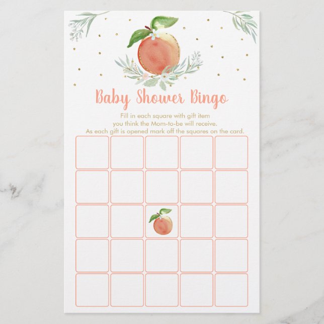 Editable Peach Gold Floral Baby Shower Bingo Game (Front)