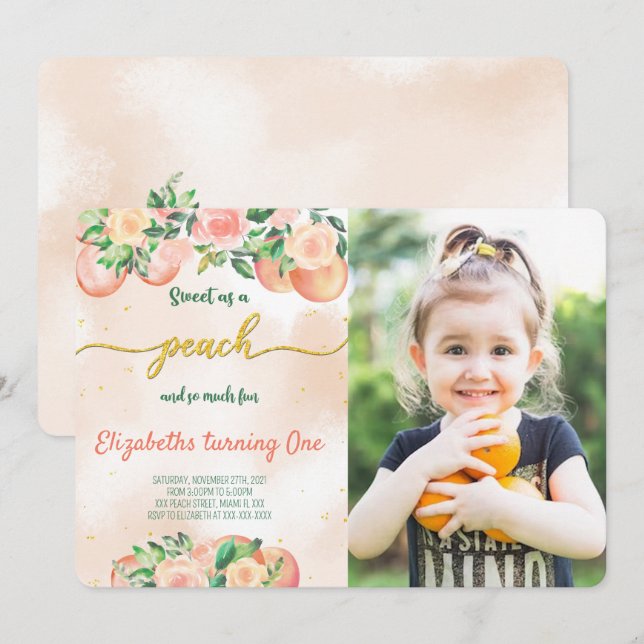 Editable Peach Photo Invitations  (Front/Back)