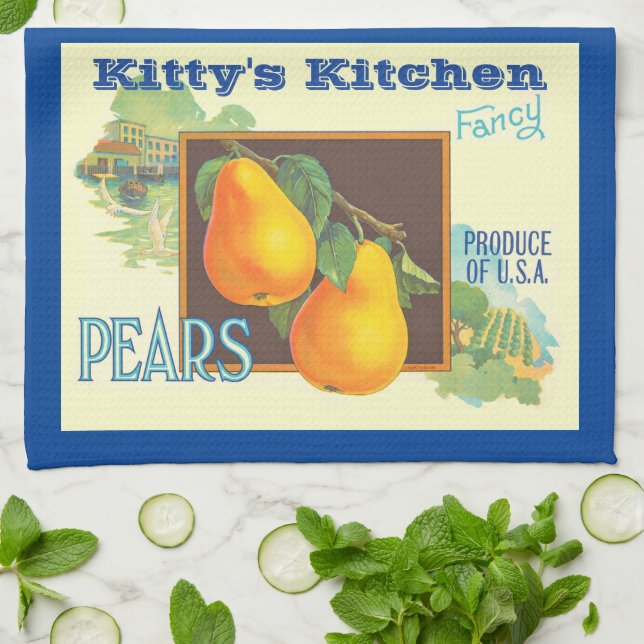 Editable Pears Vintage Fruit Crate Art Tea Towel (Folded)