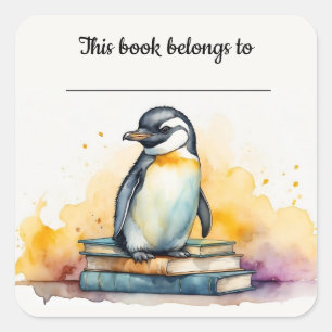 Editable Penguin and Books Bookplate Sticker