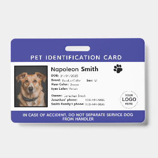 Editable Pet ID Card ,Navy White Service Dog Logo Badge