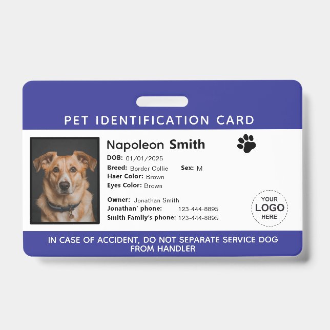 Editable Pet ID Card ,Navy White Service Dog Logo Badge (Front)