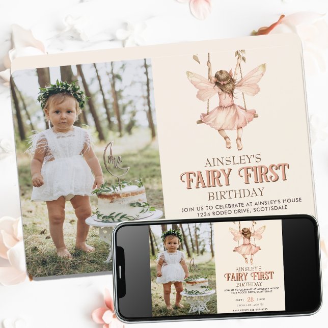 Editable Photo Blush Pink Fairy First 1st Birthday Invitation (Creator Uploaded)